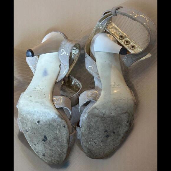 Vintage Authentic GUCCI Tan/Gold Monogram Sandals Sz 5 PreOwned - Picture 3 of 9